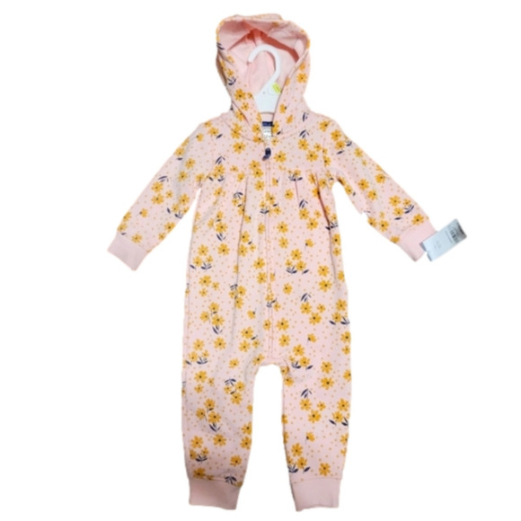 Carter's footie with hoodie. Pink with gold flowers. NWT. 12 months. - Picture 1 of 4